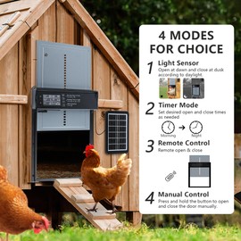Automatic Chicken Coop Door Solar Powered, LCD Screen Electric Chicken Coop Door with Timer & Light Sensor, 4 Modes Solar Chicken Coop Door, Anti-Pinch & Door Pry Warning Coop Door with Remote Control