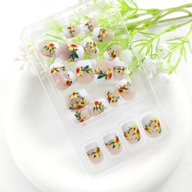 Short Square Press on Nails White French Tip False Nails Yellow Flower Glue on Nails Green Leaf Design Square Fake Nails Short Nails Press ons Glossy Acrylic Artificial Stick on Nails for Girls 24Pcs