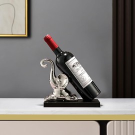 ELEGANTZ Modern Wine Bottle Holder – Decorative Elephant Design with Chrome Finish – Single Bottle Display Stand for Countertop, Bar, or Dining Table – Elegant Wine Rack with Black Base