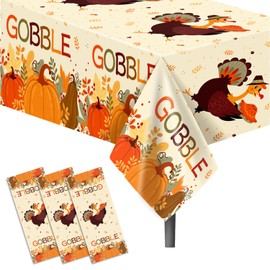 HOWAF 3 Pack Thanksgiving Gobble Tablecloth, Happy Thanksgiving Turkey Pumpkin Maple Leaves Rectangle Disposable Waterproof Plastic Table Cover for Fall Thanksgiving Decoration Supplies, 51”x86”