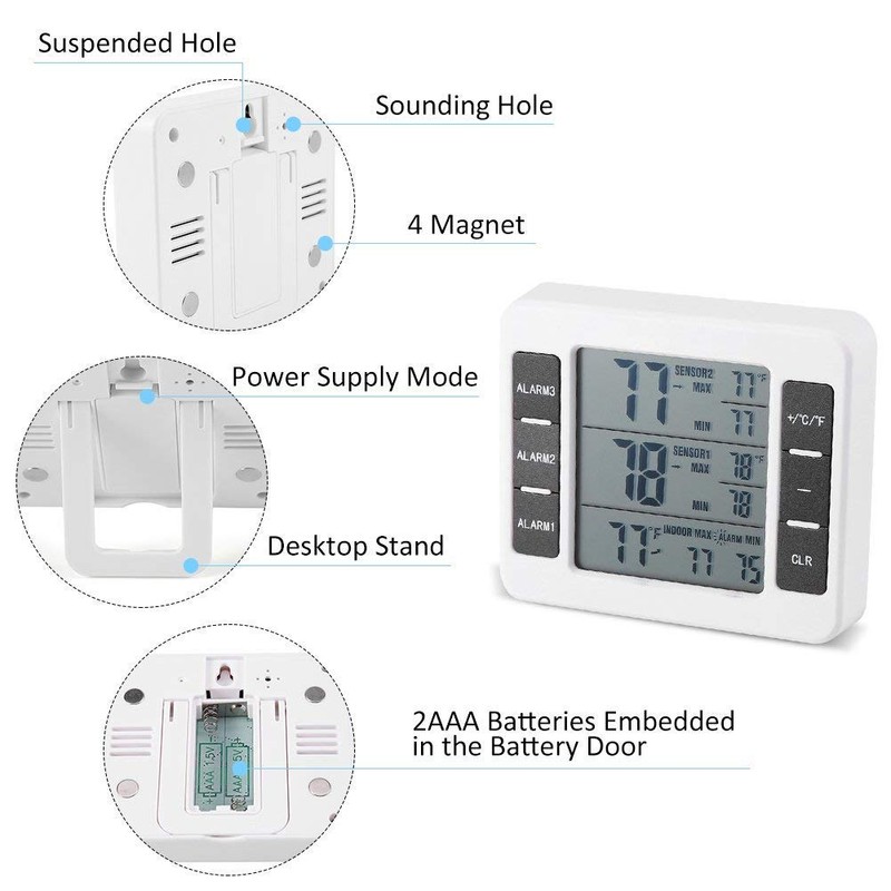 Refrigerator Wireless Digital Audible Alarm Thermometer With 2Pcs Sensor Min/Max
