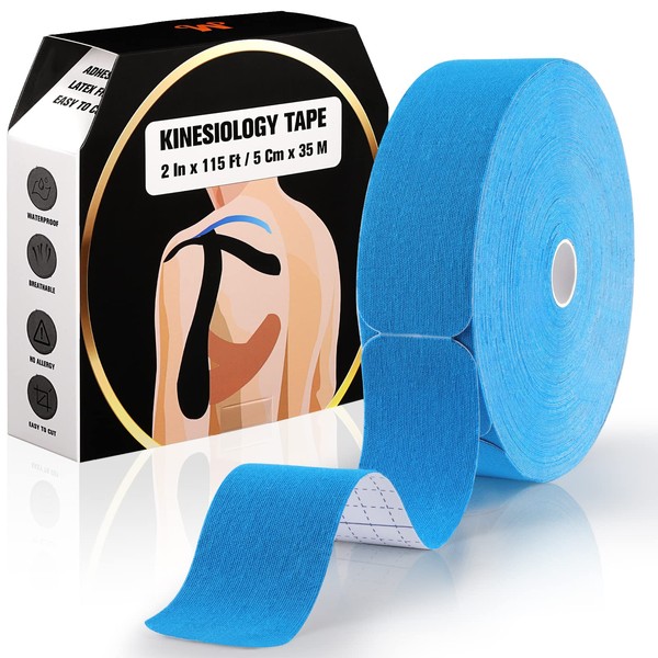 Pro Kinesiology Tape Precut Bulk - 115Ft Athletic Kinesiology Tape for Muscle Pain Relief - Therapeutic Support for Knee,Wrist,Back, Shoulder-140 Precut Strips (2 x 10 inches),Blue
