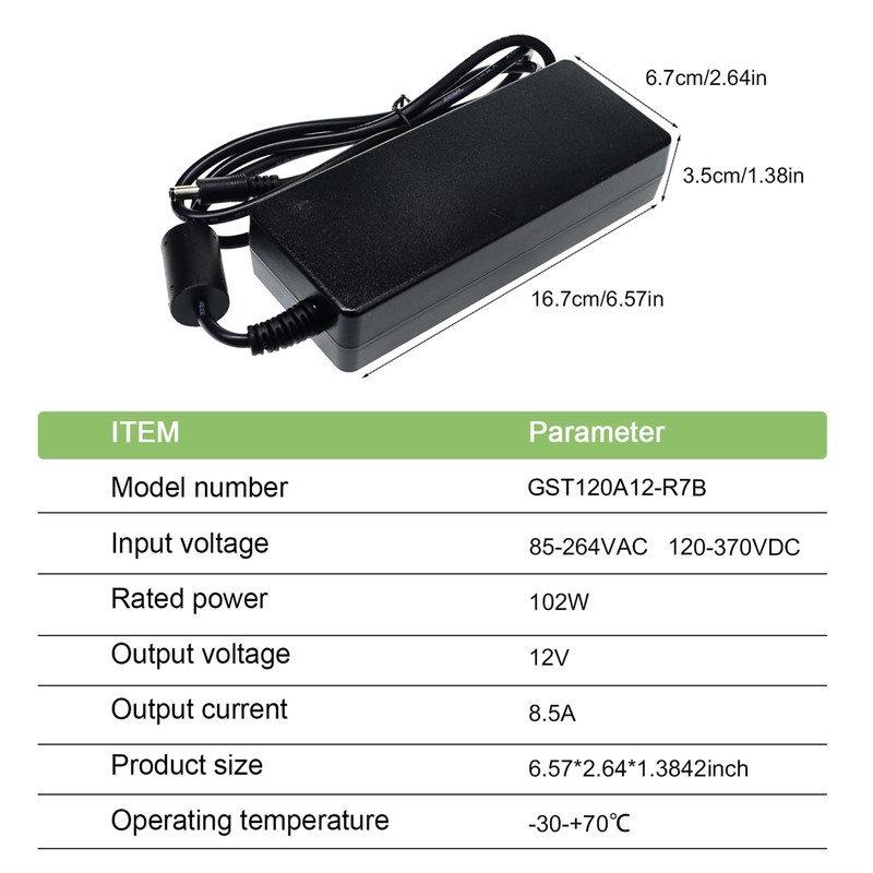 FerroFab GST120A12-R7B 12V 8.5A 120W AC-DC Industrial Power Supply, Green