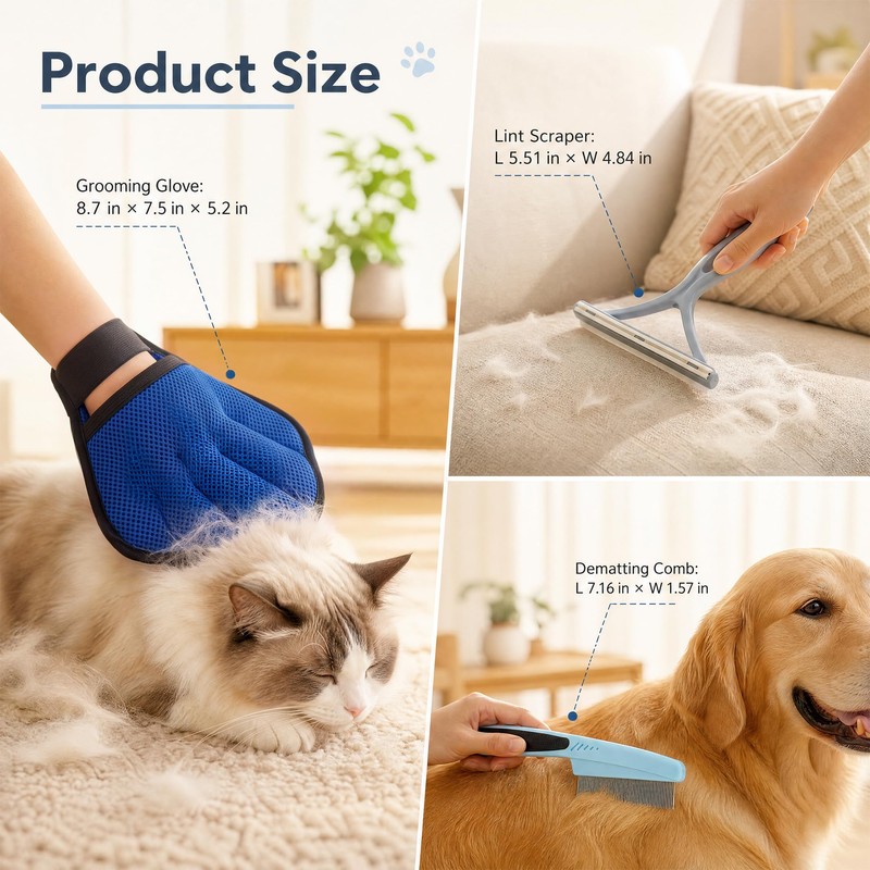 3-Piece Pet Hair Remover Kit, Grooming Glove and Comb