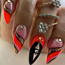 Press on Nails Almond 24Pcs Glossy Full Cover Acrylic Medium Rhinestone False Nails with Gold Line Designs Artificial Reusable Almond Fake Nails with Charm Glue Stick on Fingernails for Women Girls