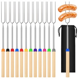 NINGYER Pack of 12 Extendable Barbecue Skewers, 31-81 cm, Wooden Handle, Stainless Steel Telescopic Barbecue Skewers with 1 Black Canvas Bag, Marshmallow Skewers for Camping, Campfire, Picnic