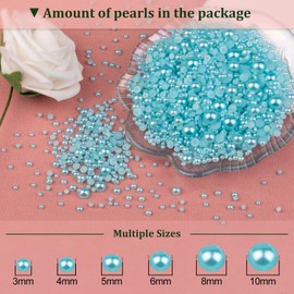 4 Boxes Flat Back Pearls Kit 7 Flatback Light Blue Half Round Pearls 3-10mm with Pickup Pencil and Tweezer for Home DIY and Professional Nail Art, Face Makeup and Craft