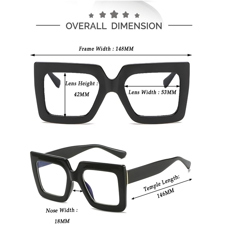 Kursan Oversized Square Black Glasses for Women Men Big Frame