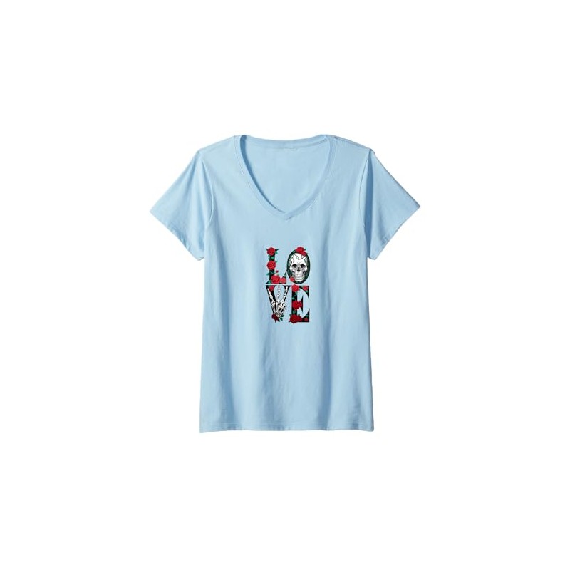 Womens Love Decorated with Rose and Skull V-Neck T-Shirt