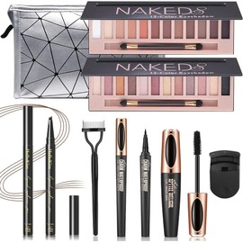 2 Pcs de Sombras de Ojos de 12 Colores, Paleta de Nude Matte Smokey Shimmer Glitter, Kit de Paleta de Maquillaje de Belleza Profesional a prueba de agua con pincel de Maquillaje de Doble Punta (AB)