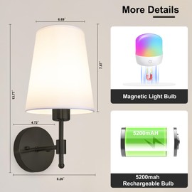 Laiebri Battery Operated Wall Sconces Set of 2, Rechargeable Gold Wall Sconce with Remote Control, 12 Colors RGB Magnetic Bulb, Wireless Battery Wall Lamp for Bedroom Living Room Hallway