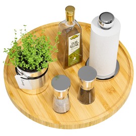 lazy susan organizer, 13.2 Inch Non-Skid bamboo Lazy Susan for kitchen table cabinets closets and kitchen islands, Wood Turntable for Kitchen Countertop Organizer