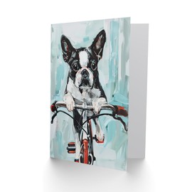 Artery8 Greeting Card Boston Terrier Dog Lover Bicycle Oil Painting Fun Blank For Him Or Her Art Birthday Card