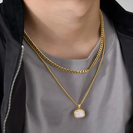 HNMZZPL Square Pendant For Men,Geometric Pendant Necklace Stainless Steel long Chain Necklace for Mens Womens (golden)