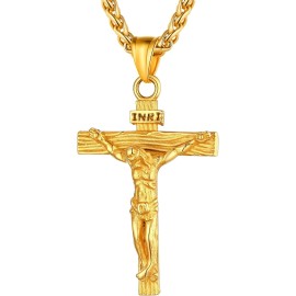 U7 Men Crucifix Cross Pendant with Chain Baptism Christian 22inch, 01. Gold