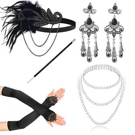 MMSZHL 5 Pcs Disfraz Gatsby Mujer, Diadema Gatsby Años 20 para Mujer, Disfraz Charleston Outfit, Retro Flapper, Guantes, Collar de Perlas, Pendientes, Accesorios Años