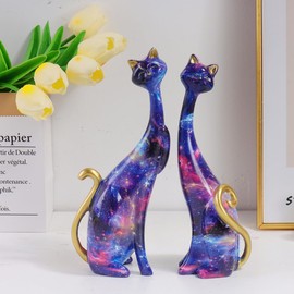 masteymoh - 2 estatuas de gato, estatua de gato, multicolor de resina para decoración del hogar, cielo estrellado, escultura de gato, animal, gatito, estatuilla moderna para el hogar, oficina,