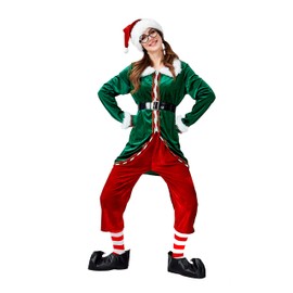 TOONRAIN Elf Christmas Costume for Women Santa's Helper Costume Christmas Elf Dress with Coat Pants Hat Belt Socks Shoe Covers（Small）