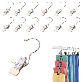 12PCS Clothes Pins, Hanging Clips, Hanger Clips, Hanger Hooks, Stainless Steel Portable Travel Hanging Hooks for Jeans, Hats, Boots, Towels (Beige)