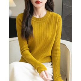 Chanyarn Women's 100% Merino Wool Sweater 2024 Fall Winter Crew Neck Long Sleeve Warm Soft Ribbed Knit Pullover Sweater (Maple Leaf,L)