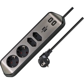 brennenstuhl Estilo Corner Socket Strip 4-Way with High-Quality Stainless Steel Surface (Corner Socket with 2x Schuko Sockets and 2x Euro Sockets, including USB charging function)., 1153590410