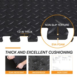 Mat Block EVA Exercise Floor Mats: Interlocking Foam Tile Performance Mats - 6 Tiles (Area: 24 SQ FT) 1/2 inch Thickness, EVA Home Gym Exercise Floor Mats for All Exercises or Equipment, Black