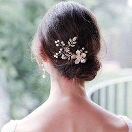 Huilimei Wedding Hair Comb Pearl Flower Bridal Headpiece for Wedding,Prom,Daily Dressing Gold Hair Accessories for Women and Girls Long Curly Bun Hair