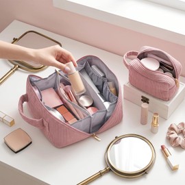 MAGEFY 2PCS Cosmetiquera para Maquillaje, Bolsa de Maquillaje de Pana con Asa, Juego de Tamaño Grande y Pequeño para Mujer, Estuche Expandible para Viajes y Organización (Rosa)
