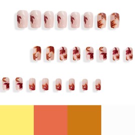 Fall Press on Nails Short Square Maple Leaf Fake Nails with Designs Glossy Nude Glue on Nails Autumn Leaves Full Cover Coffin False Nails Thanksgiving Artificial Acrylic Nails for Women Girls 24Pcs
