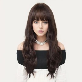 GNIMEGIL 25 INCH Long Curly Brown Wig with Bangs Natural Hair Wigs for Women Dilay Use Heat Resistant Synthetic Wig
