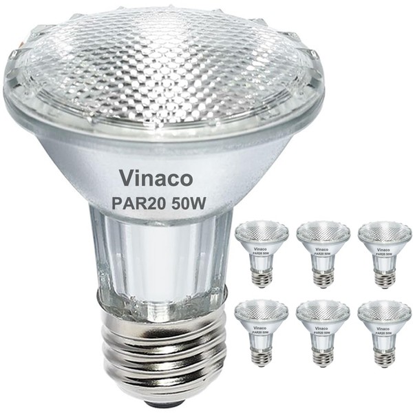 Vinaco Par20 Bulbs, 6 Pack 120V 50W Par20 Flood Light Bulbs, E26 Medium Base Long Lasting Life High Output Par20 50W Halogen Bulb -Warm Light