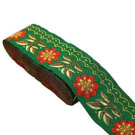 7 Yards 2inch Daisy Leaves on Waves Jacquard Ribbon Floral Embroidered Woven Trim for Embellishment Craft Supplies(Christmas Green)