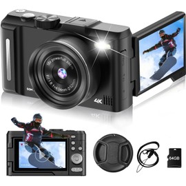 4K Digital Camera for Photography, 3" 180° Flip Screen with 64GB Card