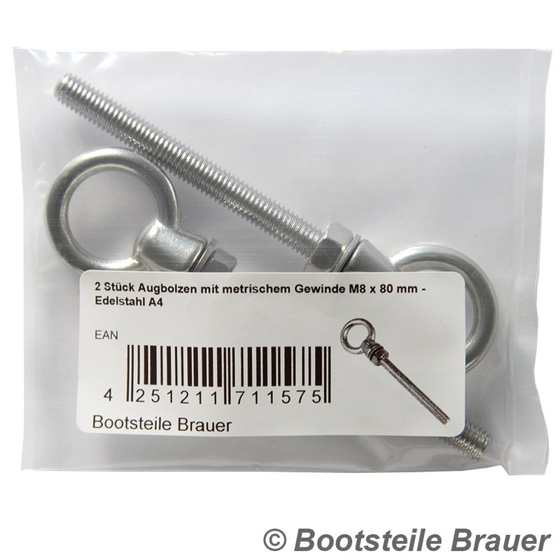 Pack of 2 Eye Bolts with Metric Full Thread M8