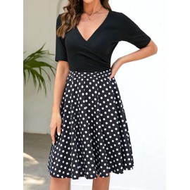 oxiuly Women's Chic Criss-Cross V-Neck Half Sleeve Polka Dot Cotton Stretchy Casual Swing Midi Summer Dress OX233 (XL, BK-dot 5)