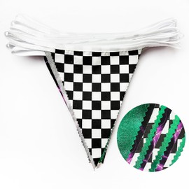 32Ft Monster Truck Party Decorations Green Purple Monster Truck and Black White Checkered Race Car Triangle Flag Pennant Banner Fabric Garland Streamer for Kids Racing Birthday Baby Shower Decor