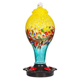 LUJII LUJII Hand Blown Glass Hummingbird Feeder for Outdoors with Ant Moat, Leak Proof & Rustproof,36 fl.oz, Metal Base Cover with 5 Feeding Ports & 5 Perches, Glass Art for Garden Decor (Blue Mixed Yellow)