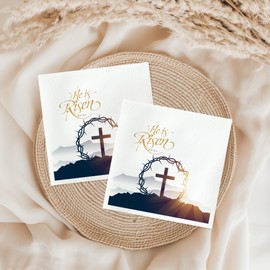 Easter Paper Napkins with Cross Design, He is Risen Matthew 28:6, Religious Party Decorations, Available in 2 Sizes (6.5 Inch (100 Pack))