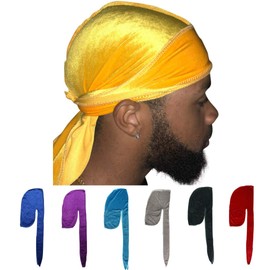 Slippery Apparel | Velvet Durag (20+ Colors) 360 Waves Extra Long Straps for Men + Wave Cap (Lemon)