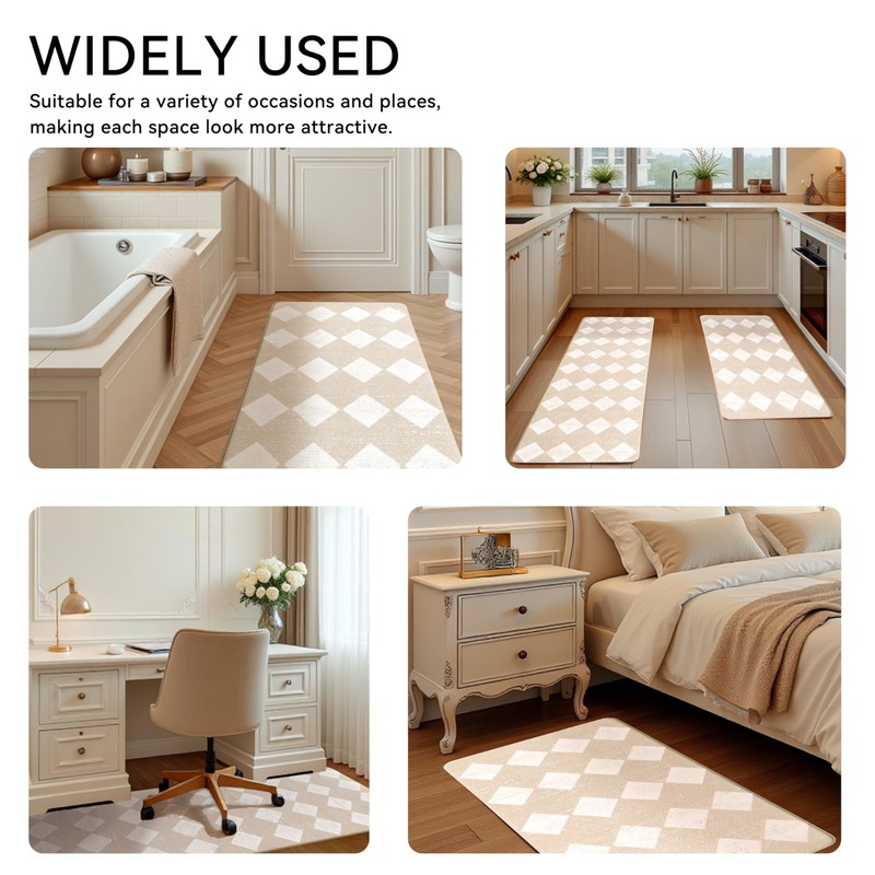 VivaNest Moroccan Trellis Cream Checkered Kitchen Rug Sets [2 PCs],
