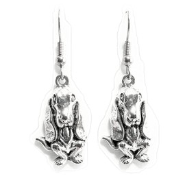 Dog - Blood Hound – Sitting/Front – Long Ears - 26x15mm - Silver alloy charm dangle earrings. Choose the backings you prefer. Hypoallergenic Fishhook, Ball-Post, or Clip-on Earring Opts.