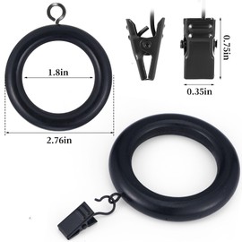 24 Pack Wooden Curtain Rod Rings with Drapery Clips Farmhouse Beech Wood Drapes Rings 1.8 Inch Interior Diameter Rustic for 1.4 Inch Curtain Rod Pole (Black, Inner Dia 1.8 in)
