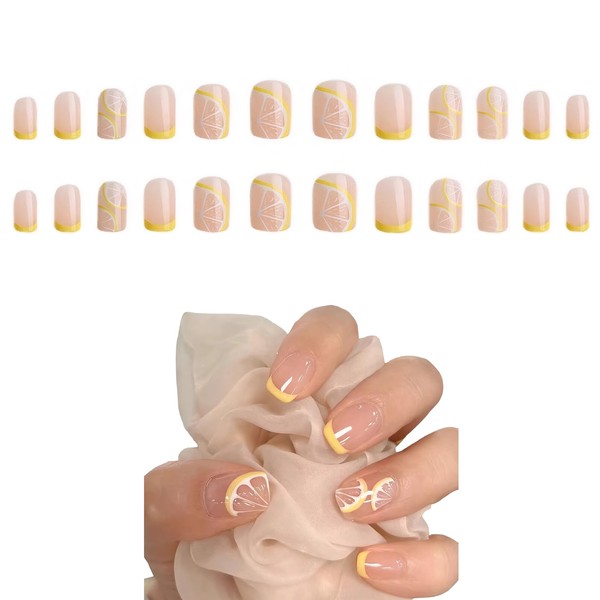 MAEXUS Nail Tips, Short, Set of 24, Nail Tips, Short Finger Suit, Nail Tips, Cute, Unique Design Trapezoid Style, Lemon and Yellow