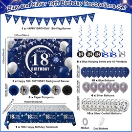 18th Birthday Decorations for Boys Girls, 18th Birthday Banner Backdrop 18th Birthday Balloons, Blue Silver Happy 18th Birthday Decorations Tablecover Triangle Flag, 18th Birthday Gifts Party Supplies