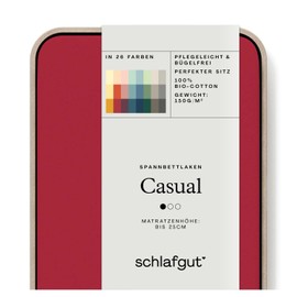 Schlafgut Casual Fitted Sheet, 90 x 190 cm to 100 x 200 cm, Deep Red, Fitted Sheet Made from 100% Organic Cotton