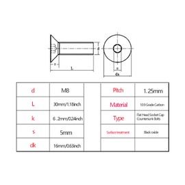 10pcs M8-1.25 X 30mm Flat Head Socket Cap Countersunk Bolts, 10.9 Grade Grade Carbon，Hex Drive Flat Head