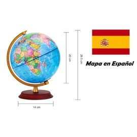 Exerz Illuminated World Globe 20cm Diameter Wooden Base - Spanish - Political Map (Day) - Constellation Stars (Night)