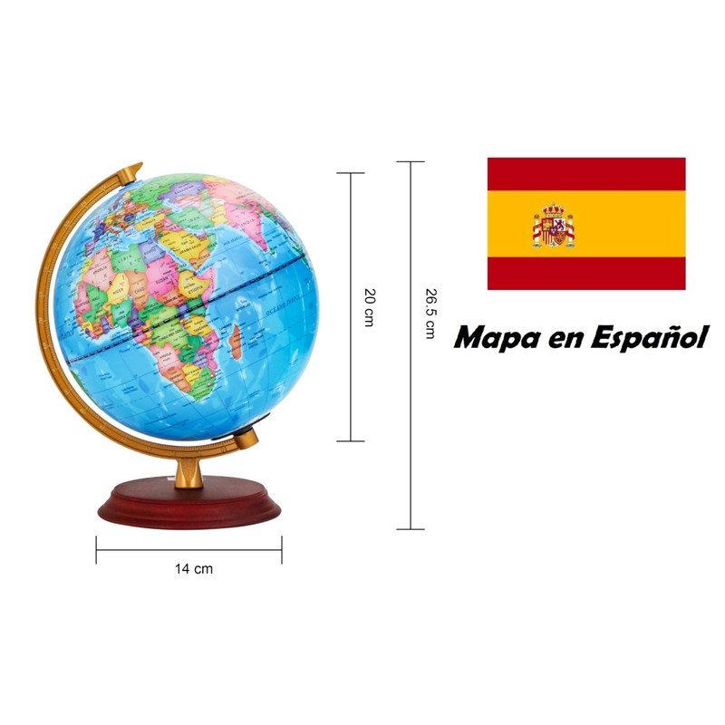 Exerz Illuminated World Globe 20cm Diameter Wooden Base - Spanish