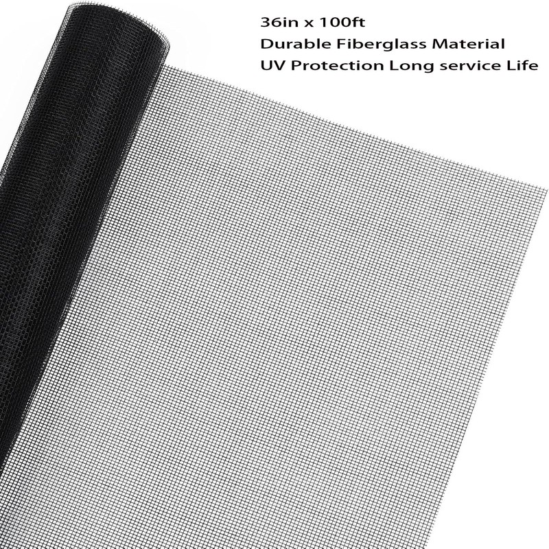 36"x100ft Windows Screen Mesh, Black Fiberglass Screen Roll, Durable Screen