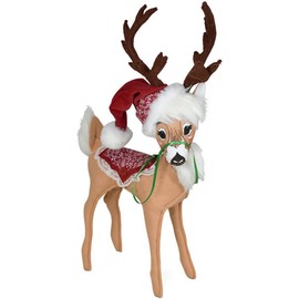 Annalee 12in Poinsettia Reindeer Collectable Figurine, Santa Hat, Poinsettia Fabric Blanket, Lace Trim, Green Ribbon Halter, Brown/Red/White/Green